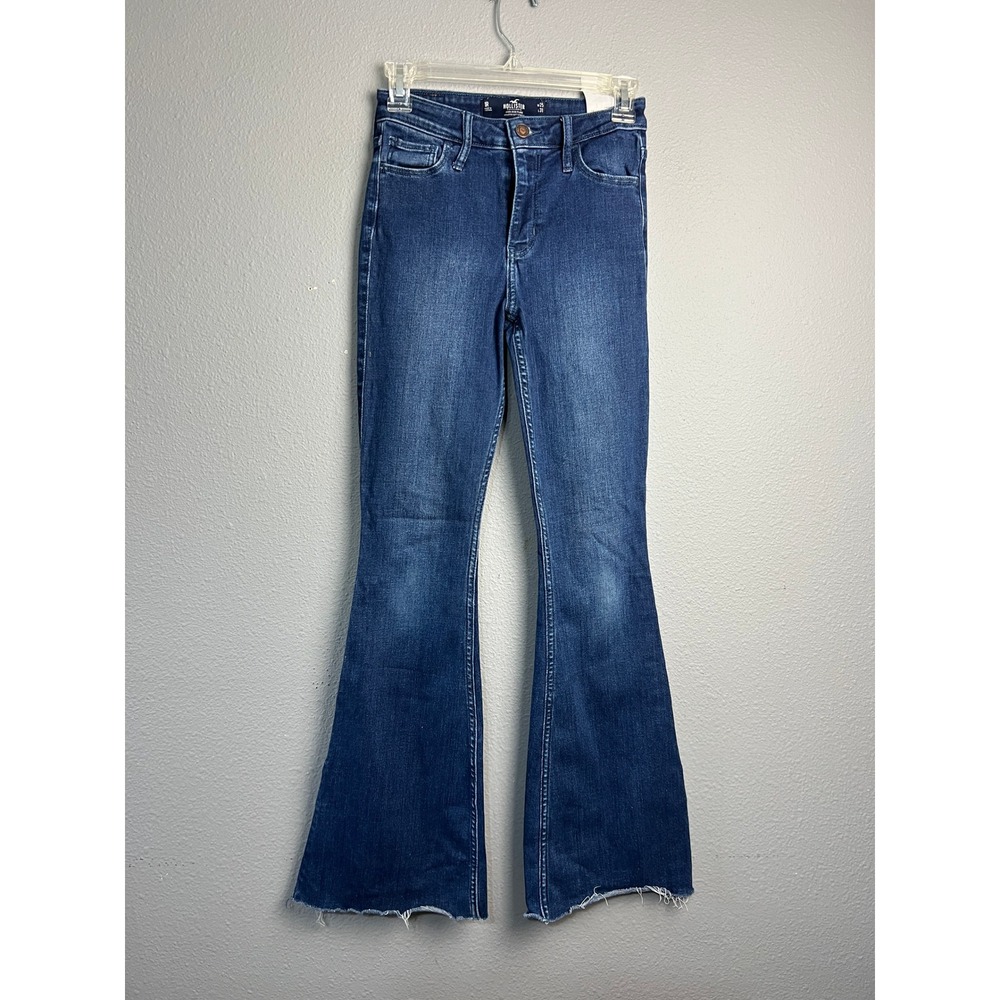 Hollister High-Rise Flare Jeans Dark Wash Boot Cut Preppy Raw Hem W25 L31 1R